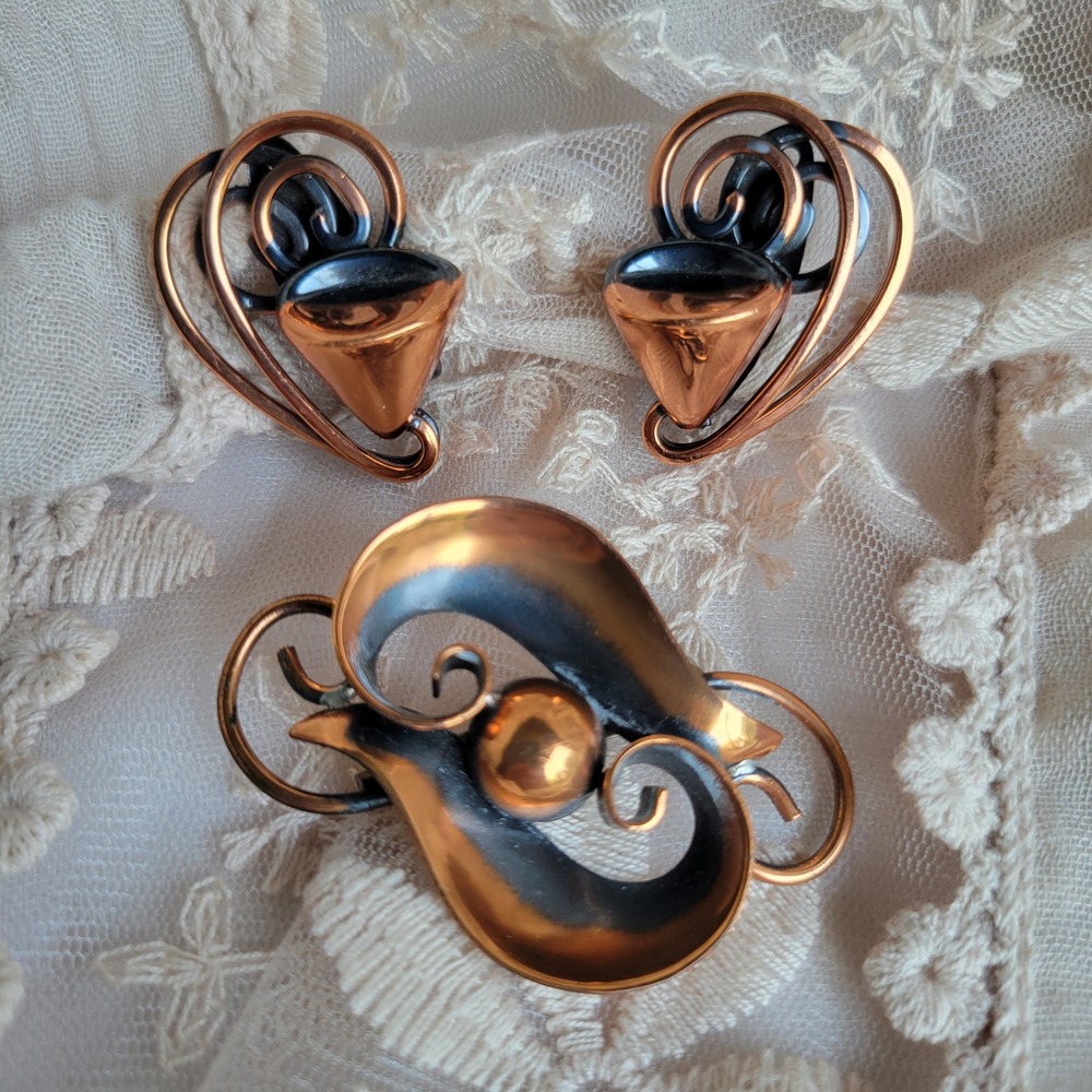 Vintage 1960s Copper Brooch Earrings Set MCM Atomic Mod Geometric - Picture 1 of 9